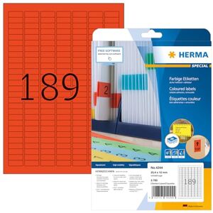 Herma 4244 barevných etiket červeně odstranitelných, 20 listů, 25,4 x 10 mm, 189 na arch A4, 3780 kusů, samolepicí, potisknutelné, matné, prázdné papírové barevné etikety nálepky Herma 4244 barevných etiket červeně odstranitelných, 20 listů, 25,4 x 10 mm, 189 na arch A4, 3780 kusů, samolepicí, potisknutelné, matné, prázdné papírové barevné etikety nálepky