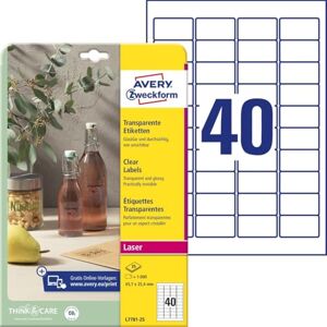 Avery L7781-25 transparentní etikety (1 000 lepicích etiket, 45,7 x 25,4 mm na A4, samolepicí, nálepka k potisku, odolné proti povětrnostním vlivům, popisy/nálepky na produkt) 25 listů, Avery L7781-25 transparentní etikety (1 000 lepicích etiket, 45,7 x 25,4 mm na A4, samolepicí, nálepka k potisku, odolné proti povětrnostním vlivům, popisy/nálepky na produkt) 25 listů,
