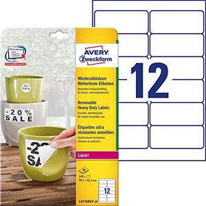 Avery L4776REV-20 fólie odolné proti povětrnostním vlivům (240 nálepek, 99,1 x 42,3 mm na A4, samolepicí, voděodolné, znovu odstranitelné, odolné, potištěná venkovní lepicí fólie) 20 listů, bílá Avery L4776REV-20 fólie odolné proti povětrnostním vlivům (240 nálepek, 99,1 x 42,3 mm na A4, samolepicí, voděodolné, znovu odstranitelné, odolné, potištěná venkovní lepicí fólie) 20 listů, bílá