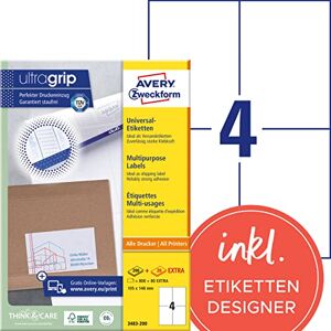 Avery 3483-200 univerzální etikety (800 plus 80 lepicích etiket extra, 105 x 148 mm na A4, tištěné přepravní štítky, samolepicí zásilkové nálepky s ultragrip) 220 listů, bílé Avery 3483-200 univerzální etikety (800 plus 80 lepicích etiket extra, 105 x 148 mm na A4, tištěné přepravní štítky, samolepicí zásilkové nálepky s ultragrip) 220 listů, bílé