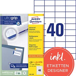 Avery Univerzální etikety 3651 – 200 (8 000 plus 800 samolepicích etiket navíc, 52,5 x 29,7 mm na A4, papír matný, individuálně potisknutelný, samolepicí nálepka s ultragripem) 220 listů, Avery Univerzální etikety 3651 – 200 (8 000 plus 800 samolepicích etiket navíc, 52,5 x 29,7 mm na A4, papír matný, individuálně potisknutelný, samolepicí nálepka s ultragripem) 220 listů,