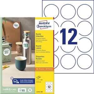 Avery L3416-100 kulaté etikety (k tisku, samolepicí, Ø 60 mm, A4, 1. 200 nálepek na 100 listů, lepicí body pro označování dokumentů, výrobků), bílé Avery L3416-100 kulaté etikety (k tisku, samolepicí, Ø 60 mm, A4, 1. 200 nálepek na 100 listů, lepicí body pro označování dokumentů, výrobků), bílé