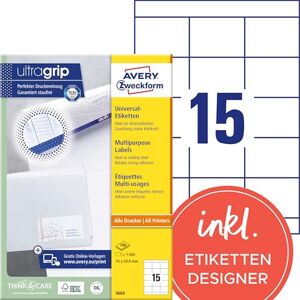 Avery 3669 Adressaufkleber (1.500 Klebeetiketten, 70x50,8mm auf A4, Papier matt, bedruckbare Absenderetiketten, selbstklebende Adressetiketten mit ultragrip) 100 Blatt, weiß Avery 3669 Adressaufkleber (1.500 Klebeetiketten, 70x50,8mm auf A4, Papier matt, bedruckbare Absenderetiketten, selbstklebende Adressetiketten mit ultragrip) 100 Blatt, weiß