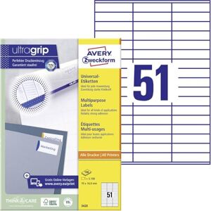 Avery 3420 univerzálních etiket (5. 100 lepicích štítků, 70 x 16,9 mm na A4, papír matný, individuálně potisknutelné, samolepicí nálepky s ultragripem) 100 listů, bílé Avery 3420 univerzálních etiket (5. 100 lepicích štítků, 70 x 16,9 mm na A4, papír matný, individuálně potisknutelné, samolepicí nálepky s ultragripem) 100 listů, bílé