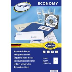 Europe100 Art. ELA027 univerzální etikety (100 lepicích etiket, 210 x 297 mm na A4, papír matný, individuálně potištěné, samolepicí zásilkové nálepky, kompatibilní s AVERY 3478) 100 listů, bílé Europe100 Art. ELA027 univerzální etikety (100 lepicích etiket, 210 x 297 mm na A4, papír matný, individuálně potištěné, samolepicí zásilkové nálepky, kompatibilní s AVERY 3478) 100 listů, bílé