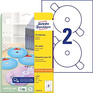 Avery Zweckform L7676-25 samolepicí CD etikety (50 neprůhledných nálepek na CD, Ø 117 mm na A4, SuperSize, papír matný, potištěné lepicí etikety pro všechny tiskárny A4) 25 listů, bílé, 50 kusů, 117 Avery Zweckform L7676-25 samolepicí CD etikety (50 neprůhledných nálepek na CD, Ø 117 mm na A4, SuperSize, papír matný, potištěné lepicí etikety pro všechny tiskárny A4) 25 listů, bílé, 50 kusů, 117