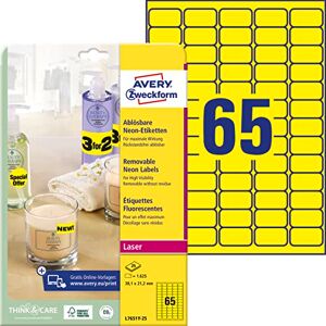 Avery L7651Y-25 svítící neonově žluté etikety (1. 650 nálepek, 38,1 x 21,2 mm na A4, samolepicí, lze potisknout, znovu odstranitelné, barevné lepicí etikety pro nápadné označení) 25 listů Avery L7651Y-25 svítící neonově žluté etikety (1. 650 nálepek, 38,1 x 21,2 mm na A4, samolepicí, lze potisknout, znovu odstranitelné, barevné lepicí etikety pro nápadné označení) 25 listů