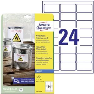 Avery J4773-10 Fóliové etikety odolné proti povětrnostním vlivům (63,5 x 33,9 mm na DIN A4, inkoust, extrémně silně samolepicí, potištěná venkovní lepicí fólie) 240 nálepek na 10 listů bílé Avery J4773-10 Fóliové etikety odolné proti povětrnostním vlivům (63,5 x 33,9 mm na DIN A4, inkoust, extrémně silně samolepicí, potištěná venkovní lepicí fólie) 240 nálepek na 10 listů bílé