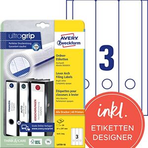 Avery L4759-10 Etikety na hřbety pořadačů (30 štítků na hřbetu pořadače s ultragripem, 61 x 297 mm na A4, široké/dlouhé, samolepicí, absolutně neprůhledné, potiskovatelné štítky na pořadače) Avery L4759-10 Etikety na hřbety pořadačů (30 štítků na hřbetu pořadače s ultragripem, 61 x 297 mm na A4, široké/dlouhé, samolepicí, absolutně neprůhledné, potiskovatelné štítky na pořadače)