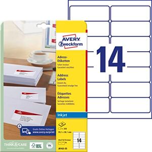 Avery J8163-25 adresové štítky/adresní nálepky (350 etikety, 99,1 x 38,1 mm na A4, potištěné, samolepicí, pro dopisní obálky DIN dlouhé dopisy, papír matný, inkoustový tisk) 25 listů, bílý Avery J8163-25 adresové štítky/adresní nálepky (350 etikety, 99,1 x 38,1 mm na A4, potištěné, samolepicí, pro dopisní obálky DIN dlouhé dopisy, papír matný, inkoustový tisk) 25 listů, bílý