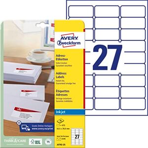 Avery J4792-25 adresové štítky/nálepky na adresy (675 etikety, 63,5 x 29,6 mm na A4, potištěné, samolepicí, pro DIN B6/C6 Dopisní obálky, papír matný, inkoustový tisk) 25 listů, bílé Avery J4792-25 adresové štítky/nálepky na adresy (675 etikety, 63,5 x 29,6 mm na A4, potištěné, samolepicí, pro DIN B6/C6 Dopisní obálky, papír matný, inkoustový tisk) 25 listů, bílé