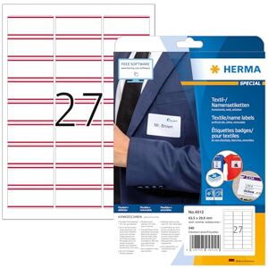 Herma 4512 jmenovek lze odlepit, 20 listů, 63,5 x 29,6 mm, 27 na arch A4, 540 kusů, samolepicí, potiskovatelné, beze zbytku odstranitelné acetátové hedvábí nálepky se jménem, bílá červená Herma 4512 jmenovek lze odlepit, 20 listů, 63,5 x 29,6 mm, 27 na arch A4, 540 kusů, samolepicí, potiskovatelné, beze zbytku odstranitelné acetátové hedvábí nálepky se jménem, bílá červená