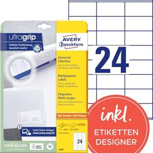 Avery 3490 adresních nálepek (600 plus 120 lepicích etiket extra, 70 x 36 mm na A4, papír matný, tištěné štítky pro odesílatele, samolepicí adresní štítky s ultragripem) 30 listů, bílé Avery 3490 adresních nálepek (600 plus 120 lepicích etiket extra, 70 x 36 mm na A4, papír matný, tištěné štítky pro odesílatele, samolepicí adresní štítky s ultragripem) 30 listů, bílé
