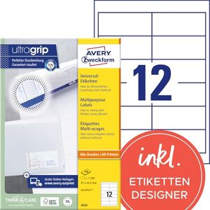 Avery 3659 adresních nálepek (1 200 lepicích štítků, 97 x 42,3 mm na A4, papír matný, potištěné štítky pro odesílatele, samolepicí adresní štítky s ultragripem) 100 listů, bílé Avery 3659 adresních nálepek (1 200 lepicích štítků, 97 x 42,3 mm na A4, papír matný, potištěné štítky pro odesílatele, samolepicí adresní štítky s ultragripem) 100 listů, bílé