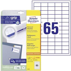 Avery Univerzální etikety 6121 (1. 625 plus 325 samolepicích etiket navíc, 38 x 21,2 mm na A4, papír matný, individuálně potisknutelné, samolepicí nálepky s ultragrip) 30 listů, bílé Avery Univerzální etikety 6121 (1. 625 plus 325 samolepicích etiket navíc, 38 x 21,2 mm na A4, papír matný, individuálně potisknutelné, samolepicí nálepky s ultragrip) 30 listů, bílé