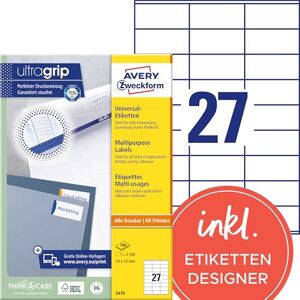 Avery Univerzální etikety 3479 (2700 lepicích etiket, 70 x 32 mm na A4, papír matný, individuálně potisknutelné, samolepicí nálepky s ultragrip) 100 listů, bílé Avery Univerzální etikety 3479 (2700 lepicích etiket, 70 x 32 mm na A4, papír matný, individuálně potisknutelné, samolepicí nálepky s ultragrip) 100 listů, bílé