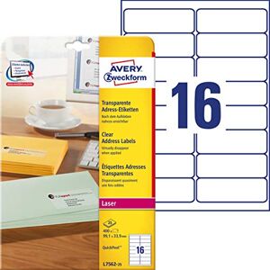Avery L7562-25 adresní štítky/nálepky na adresy (400 etiket, 99,1 x 33,9 mm na A4, potiskovatelné, samolepicí, pro DIN C6 dopisní obálky, průhledná polyesterová fólie) 25 listů, transparentní Avery L7562-25 adresní štítky/nálepky na adresy (400 etiket, 99,1 x 33,9 mm na A4, potiskovatelné, samolepicí, pro DIN C6 dopisní obálky, průhledná polyesterová fólie) 25 listů, transparentní