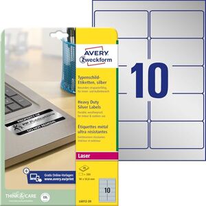 Avery Zweckform L6012-20 Typový štítek Fóliové etikety (200 nálepek, 96 x 50,8 mm na A4, silně samolepicí, odolné, odolné proti povětrnostním vlivům, potištěná lepicí fólie, blanko) 20 listů, stříbrná Avery Zweckform L6012-20 Typový štítek Fóliové etikety (200 nálepek, 96 x 50,8 mm na A4, silně samolepicí, odolné, odolné proti povětrnostním vlivům, potištěná lepicí fólie, blanko) 20 listů, stříbrná