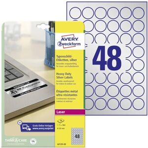 Avery L6129-20 Typový štítek Fóliové etikety (960 nálepek, Ø 80 mm na A4, silné samolepicí, odolné, odolné proti povětrnostním vlivům, potištěná lepicí fólie, prázdná) 20 listů, stříbrná Avery L6129-20 Typový štítek Fóliové etikety (960 nálepek, Ø 80 mm na A4, silné samolepicí, odolné, odolné proti povětrnostním vlivům, potištěná lepicí fólie, prázdná) 20 listů, stříbrná