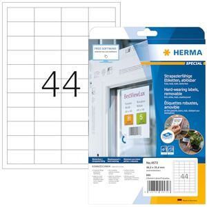 Herma 4572 Fóliové etikety odolné vůči povětrnostním vlivům odstranitelné, 20 listů, 48,3 x 25,4 mm, 44 na arch A4, 880 kusů, samolepicí, potištěné, matné, prázdné lepicí etikety z fólie, bílé Herma 4572 Fóliové etikety odolné vůči povětrnostním vlivům odstranitelné, 20 listů, 48,3 x 25,4 mm, 44 na arch A4, 880 kusů, samolepicí, potištěné, matné, prázdné lepicí etikety z fólie, bílé
