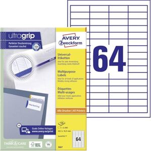 Avery 3667 univerzální etikety (6 400 lepicích etiket, 48,5 x 16,9 mm na A4, papír matný, individuálně potisknutelný, samolepicí nálepka s ultragrip) 100 listů, bílá Avery 3667 univerzální etikety (6 400 lepicích etiket, 48,5 x 16,9 mm na A4, papír matný, individuálně potisknutelný, samolepicí nálepka s ultragrip) 100 listů, bílá