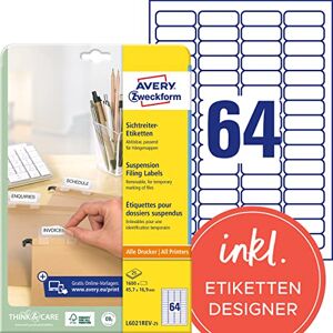 Avery L6021REV-25 štítky pro bezpečné jezdce (45,7 x 16,9 mm na DIN A4, samolepicí, lze potisknout, odstranit, ideální pro popisování štítků závěsných desek) 1600 kusů na 25 listech, bílé Avery L6021REV-25 štítky pro bezpečné jezdce (45,7 x 16,9 mm na DIN A4, samolepicí, lze potisknout, odstranit, ideální pro popisování štítků závěsných desek) 1600 kusů na 25 listech, bílé