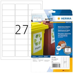 Herma 4864 fóliové etikety odolné proti povětrnostním vlivům pro inkoustové tiskárny, 10 listů, 63,5 x 29,6 mm, 27 pro arch A4, 270 kusů, samolepicí, potisknutelné, matné, samolepicí etikety nálepky Herma 4864 fóliové etikety odolné proti povětrnostním vlivům pro inkoustové tiskárny, 10 listů, 63,5 x 29,6 mm, 27 pro arch A4, 270 kusů, samolepicí, potisknutelné, matné, samolepicí etikety nálepky