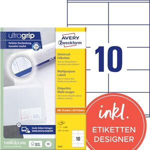 Avery 3425 nálepky na adresu (1 000 lepicích etiket, 105 x 57 mm na A4, papír matný, individuálně potiskovatelné etikety odesílatele, samolepicí adresní štítky s ultragrip) 100 listů, bílá Avery 3425 nálepky na adresu (1 000 lepicích etiket, 105 x 57 mm na A4, papír matný, individuálně potiskovatelné etikety odesílatele, samolepicí adresní štítky s ultragrip) 100 listů, bílá
