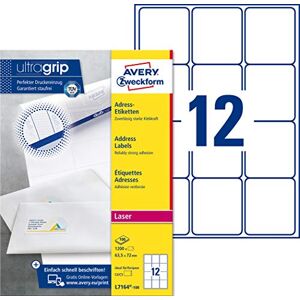 Avery L7164-100 Adressetiketten/Adressaufkleber (1.200 Etiketten mit ultragrip, 63,5x72mm auf A4, bedruckbar, selbstklebend, für DIN C4/C5 Briefkuverts, Papier matt) 100 Blatt, weiß Avery L7164-100 Adressetiketten/Adressaufkleber (1.200 Etiketten mit ultragrip, 63,5x72mm auf A4, bedruckbar, selbstklebend, für DIN C4/C5 Briefkuverts, Papier matt) 100 Blatt, weiß
