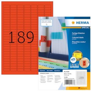 Herma 4238 barevné etikety červené, 100 listů, 25,4 x 10 mm, 189 na arch A4, 18900 kusů, samolepicí, potištěné, matné, prázdné papírové barevné štítky Herma 4238 barevné etikety červené, 100 listů, 25,4 x 10 mm, 189 na arch A4, 18900 kusů, samolepicí, potištěné, matné, prázdné papírové barevné štítky