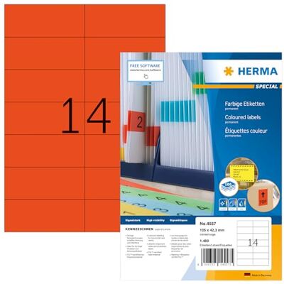 HERMA 4557 barevné etikety červené, 100 listů, 105 x 42,3 mm, 14 na arch A4, 1400 kusů, samolepicí, potištěné, matné, prázdné papírové barevné štítky HERMA 4557 barevné etikety červené, 100 listů, 105 x 42,3 mm, 14 na arch A4, 1400 kusů, samolepicí, potištěné, matné, prázdné papírové barevné štítky