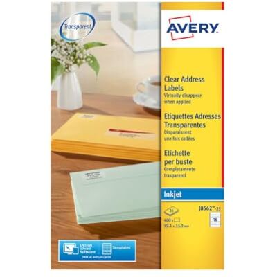 Avery J8562-25 Adressetiketten 16 pro Blatt 99,1 x 33,9 mm 400 Stück transparent Avery J8562-25 Adressetiketten 16 pro Blatt 99,1 x 33,9 mm 400 Stück transparent