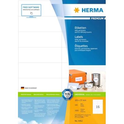 HERMA 4462 adresní etikety, 100 listů, 105 x 37 mm, 16 na arch A4, 1600 kusů, samolepicí, s možností potisku, matné, prázdné papírové nálepky na adresu, bílé HERMA 4462 adresní etikety, 100 listů, 105 x 37 mm, 16 na arch A4, 1600 kusů, samolepicí, s možností potisku, matné, prázdné papírové nálepky na adresu, bílé
