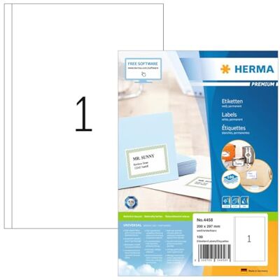 Herma Univerzální etikety 4458, 100 listů, 200 x 297 mm, 1 arch A4, 100 kusů, samolepicí, potisknutelné, matné, prázdné papírové lepicí etikety samolepky, bílé Herma Univerzální etikety 4458, 100 listů, 200 x 297 mm, 1 arch A4, 100 kusů, samolepicí, potisknutelné, matné, prázdné papírové lepicí etikety samolepky, bílé