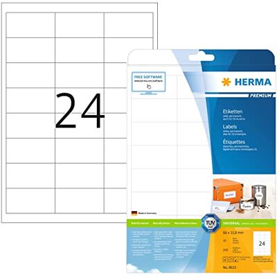 HERMA 8633 adresní etikety, 10 listů, 66 x 33,8 mm, 24 archů A4, 240 kusů, samolepicí, potiskovatelné, matné, prázdné papírové adresní nálepky etikety, bílé HERMA 8633 adresní etikety, 10 listů, 66 x 33,8 mm, 24 archů A4, 240 kusů, samolepicí, potiskovatelné, matné, prázdné papírové adresní nálepky etikety, bílé