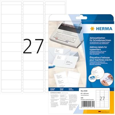 HERMA 4430 adresní štítky pro psací stroje, 20 listů, 67 × 30 mm, 27 archů A4, 540 kusů, samolepicí, s možností potisku, matné, prázdné papír, lepicí etikety na adresu, bílé HERMA 4430 adresní štítky pro psací stroje, 20 listů, 67 × 30 mm, 27 archů A4, 540 kusů, samolepicí, s možností potisku, matné, prázdné papír, lepicí etikety na adresu, bílé