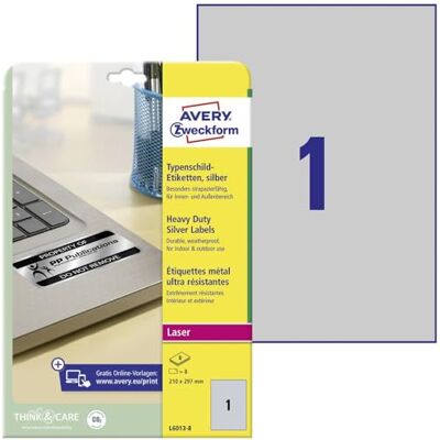 Avery L6013-8 Typový štítek Fóliové etikety (8 nálepek, 210 x 297 mm na A4, silně samolepicí, odolné, odolné proti povětrnostním vlivům, potištěná lepicí fólie, blanko) 8 listů, stříbrné Avery L6013-8 Typový štítek Fóliové etikety (8 nálepek, 210 x 297 mm na A4, silně samolepicí, odolné, odolné proti povětrnostním vlivům, potištěná lepicí fólie, blanko) 8 listů, stříbrné