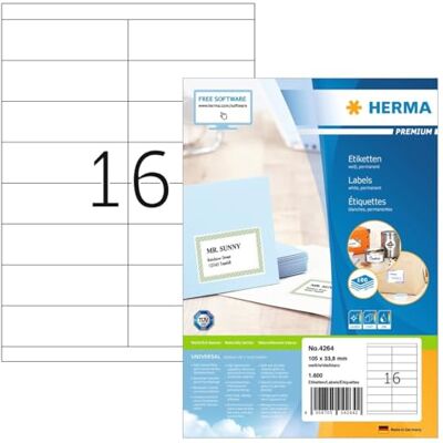 Herma 4264 adresních štítků, 100 listů, 105 x 33,8 mm, 16 na arch A4, 1600 kusů, samolepicí, potištěné, matné, prázdné papírové nálepky na adresu, bílé Herma 4264 adresních štítků, 100 listů, 105 x 33,8 mm, 16 na arch A4, 1600 kusů, samolepicí, potištěné, matné, prázdné papírové nálepky na adresu, bílé
