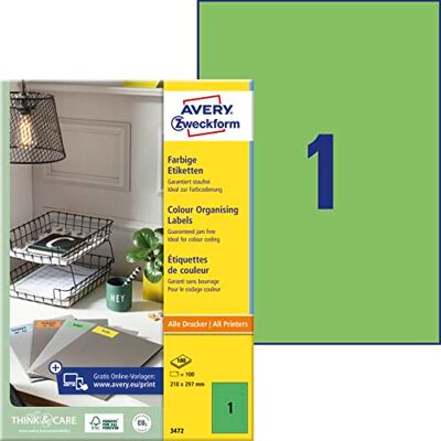 Avery 3472 zelené etikety (100 nálepek, 210 x 297 mm na A4, permanentně přilnavé, samolepicí barevné etikety, papír matný, potiskovatelné, barevné lepicí etikety) 100 listů Avery 3472 zelené etikety (100 nálepek, 210 x 297 mm na A4, permanentně přilnavé, samolepicí barevné etikety, papír matný, potiskovatelné, barevné lepicí etikety) 100 listů