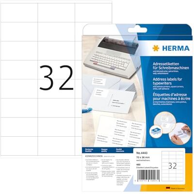 HERMA 4443 adresní štítky pro psací stroje, 20 listů, 70 x 36 mm, 24 archů A4, 480 kusů, samolepicí, s možností potisku, matné, prázdné papír, lepicí etikety na adresu, bílé HERMA 4443 adresní štítky pro psací stroje, 20 listů, 70 x 36 mm, 24 archů A4, 480 kusů, samolepicí, s možností potisku, matné, prázdné papír, lepicí etikety na adresu, bílé