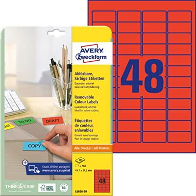 Avery Zweckform L6038-20 červené etikety (960 nálepek, 45,7 x 21,2 mm na A4, opět beze zbytku odstranitelné, samolepicí barevné etikety, papír matný, potiskovatelné, barevné lepicí etikety) 20 listů Avery Zweckform L6038-20 červené etikety (960 nálepek, 45,7 x 21,2 mm na A4, opět beze zbytku odstranitelné, samolepicí barevné etikety, papír matný, potiskovatelné, barevné lepicí etikety) 20 listů