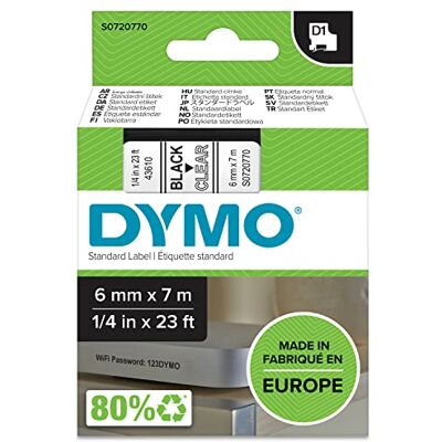 Dymo S0720770 D1 etikety (samolepicí, pro tiskárnu LabelManager, role 6 mm × 7 m), černá na průhledné. Dymo S0720770 D1 etikety (samolepicí, pro tiskárnu LabelManager, role 6 mm × 7 m), černá na průhledné.