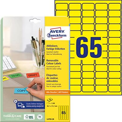 Avery L4793-20 Žluté etikety (1 300 nálepek, 38,1 x 21,2 mm na A4, opět beze zbytku odstranitelné, samolepicí barevné etikety, papír matný, potiskovatelné, barevné lepicí etikety) 20 listů Avery L4793-20 Žluté etikety (1 300 nálepek, 38,1 x 21,2 mm na A4, opět beze zbytku odstranitelné, samolepicí barevné etikety, papír matný, potiskovatelné, barevné lepicí etikety) 20 listů