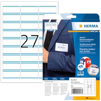 HERMA 4513 jmenovky odstranitelné, 20 listů, 63,5 x 29,6 mm, 27 na arch A4, 540 kusů, samolepicí, potištěné, beze zbytku snímatelné acetátové hedvábí, nálepky se jménem, bílé, modré HERMA 4513 jmenovky odstranitelné, 20 listů, 63,5 x 29,6 mm, 27 na arch A4, 540 kusů, samolepicí, potištěné, beze zbytku snímatelné acetátové hedvábí, nálepky se jménem, bílé, modré