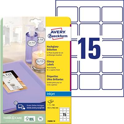 Avery C6080-10 vysoce lesklé etikety (150 lesklých nálepek, 63,5 x 46,6 mm na A4, samolepicí, potisknutelný, papír s vysokým leskem pro označení výrobku, pro inkoustové tiskárny) 10 listů, Avery C6080-10 vysoce lesklé etikety (150 lesklých nálepek, 63,5 x 46,6 mm na A4, samolepicí, potisknutelný, papír s vysokým leskem pro označení výrobku, pro inkoustové tiskárny) 10 listů,