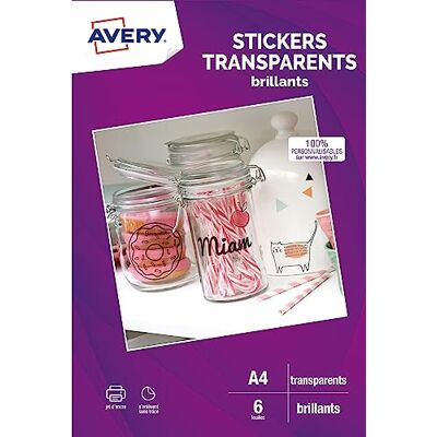 Avery 6 Blatt transparente Aufkleber – Format A4 – für Schneidemaschine – Tintenstrahldrucker Avery 6 Blatt transparente Aufkleber – Format A4 – für Schneidemaschine – Tintenstrahldrucker