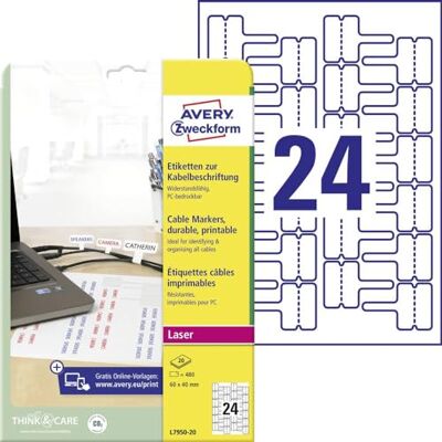 Avery L7950-20 Kabeletiketten (60x40 mm auf DIN A4, Laser, extrem stark selbstklebend, reißfest, bedruckbare Klebefolie ideal zum Kennzeichnen von Kabeln) 480 Aufkleber auf 20 Blatt weiß Avery L7950-20 Kabeletiketten (60x40 mm auf DIN A4, Laser, extrem stark selbstklebend, reißfest, bedruckbare Klebefolie ideal zum Kennzeichnen von Kabeln) 480 Aufkleber auf 20 Blatt weiß