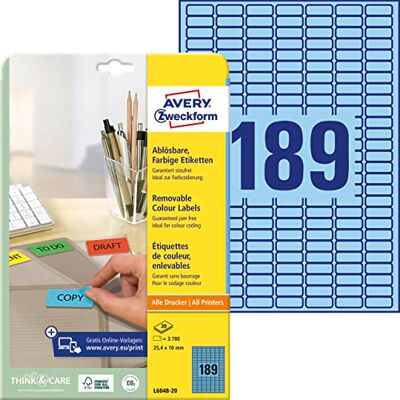 Avery L6048-20 Modré etikety (3 780 nálepek, 25,4 x 10 mm na A4, opět beze zbytku odstranitelné, samolepicí barevné etikety, papír matný, potiskovatelné, barevné lepicí etikety) 20 listů Avery L6048-20 Modré etikety (3 780 nálepek, 25,4 x 10 mm na A4, opět beze zbytku odstranitelné, samolepicí barevné etikety, papír matný, potiskovatelné, barevné lepicí etikety) 20 listů