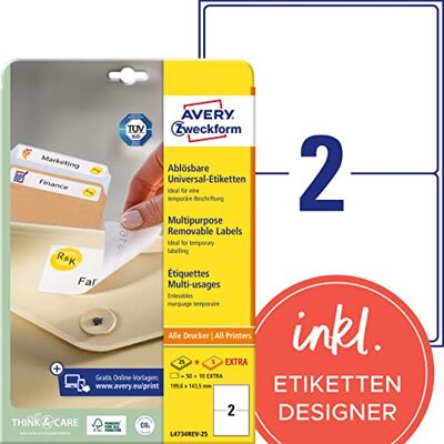Avery Univerzální etikety L4734REV-25 (50 plus 10 lepicích etiket extra, 199,6 x 143,5 mm na A4, znovu beze zbytku odstranitelné/snímatelné, potištěné, samolepicí nálepky) 30 listů, bílé Avery Univerzální etikety L4734REV-25 (50 plus 10 lepicích etiket extra, 199,6 x 143,5 mm na A4, znovu beze zbytku odstranitelné/snímatelné, potištěné, samolepicí nálepky) 30 listů, bílé