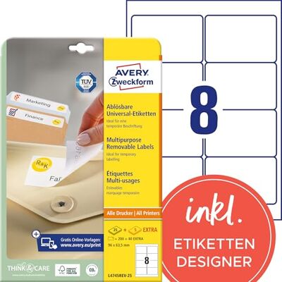 Avery L4745REV-25 Univerzální etikety (200 plus 40 samolepicích etiket navíc, 96 x 63,5 mm na A4, opět beze zbytku odstranitelné/odstranitelné, potiskovatelné, samolepicí nálepky) 30 listů, bílá Avery L4745REV-25 Univerzální etikety (200 plus 40 samolepicích etiket navíc, 96 x 63,5 mm na A4, opět beze zbytku odstranitelné/odstranitelné, potiskovatelné, samolepicí nálepky) 30 listů, bílá